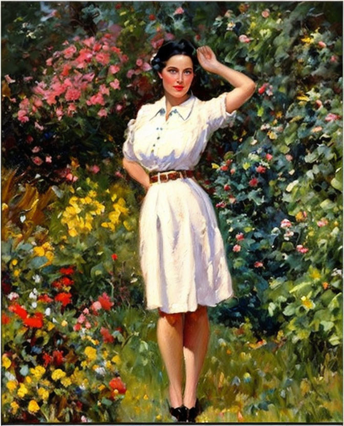 Woman in White Dress Saluting in Colorful Flower Garden