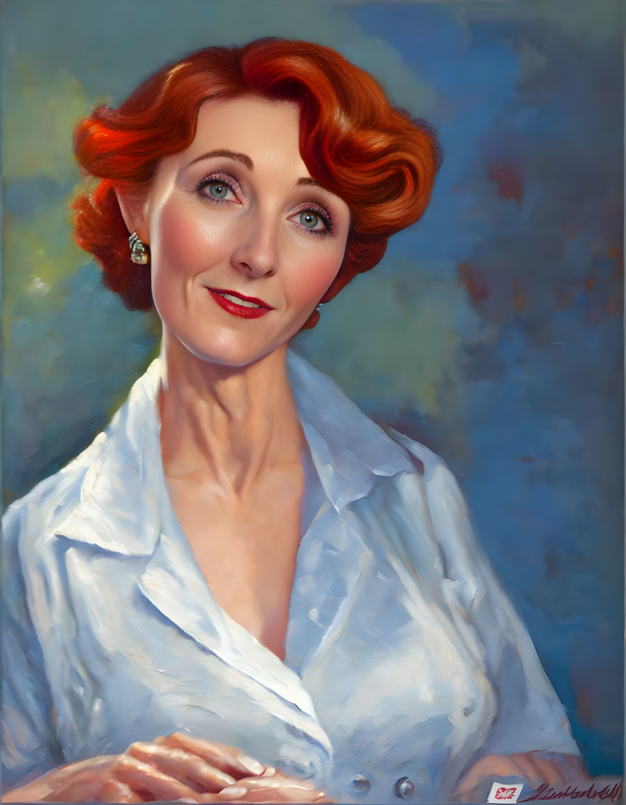 Smiling woman with red curly hair in white attire on soft blue background