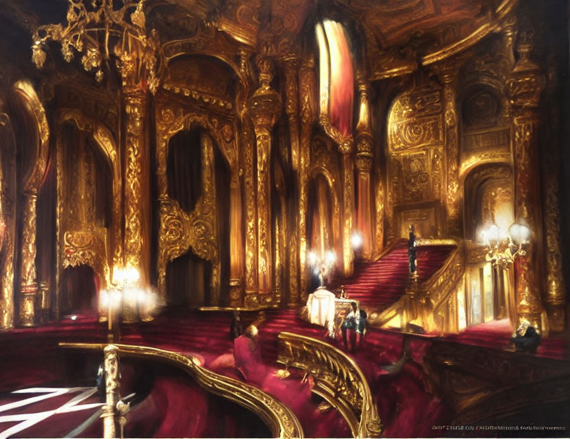 Opulent golden-lit interior with red velvet stairs and grand columns