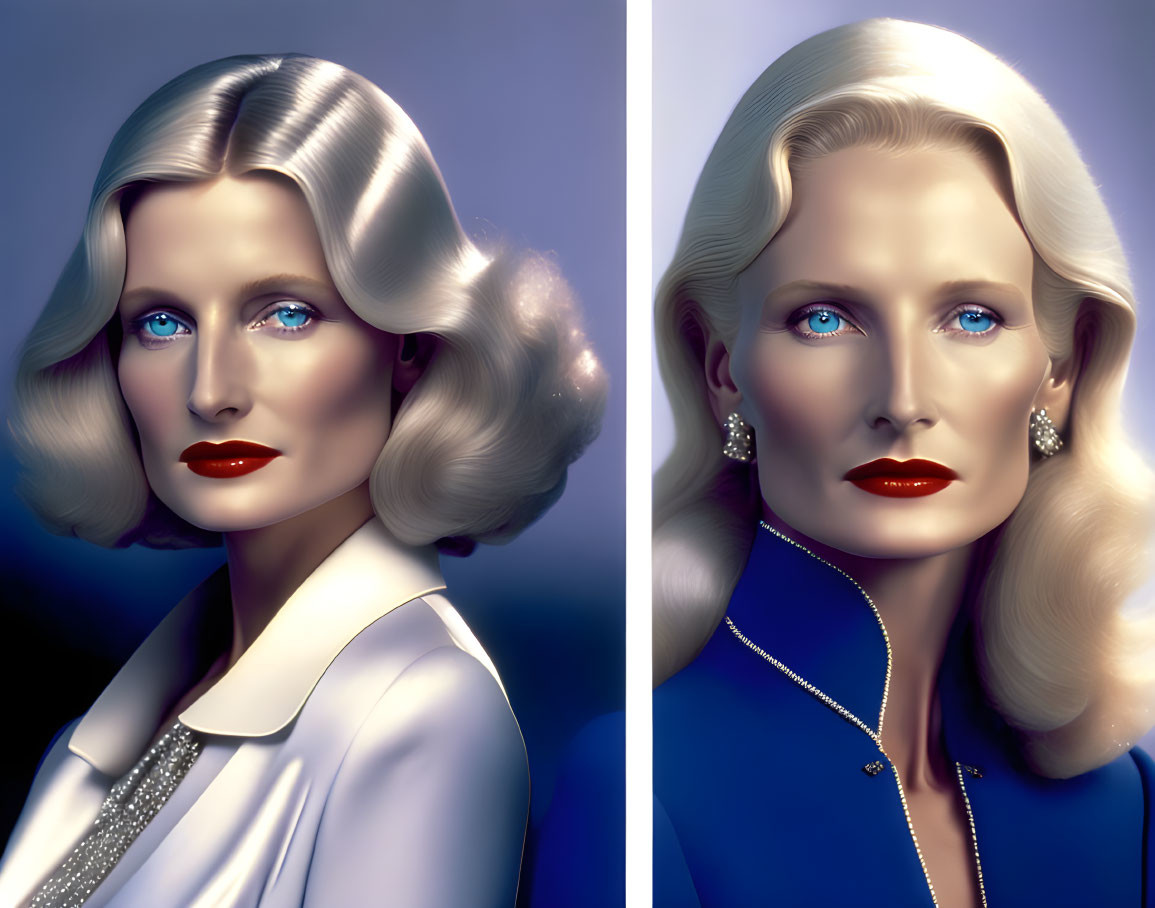 Split Image of Woman with Blue Eyes and Platinum Hair in White and Blue Attire