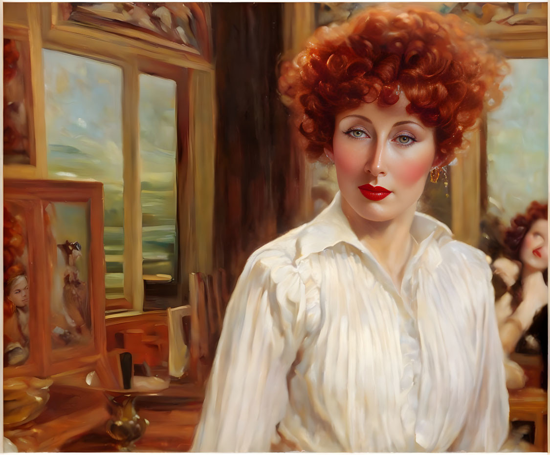 Vibrant red-haired woman in white blouse with window and paintings.