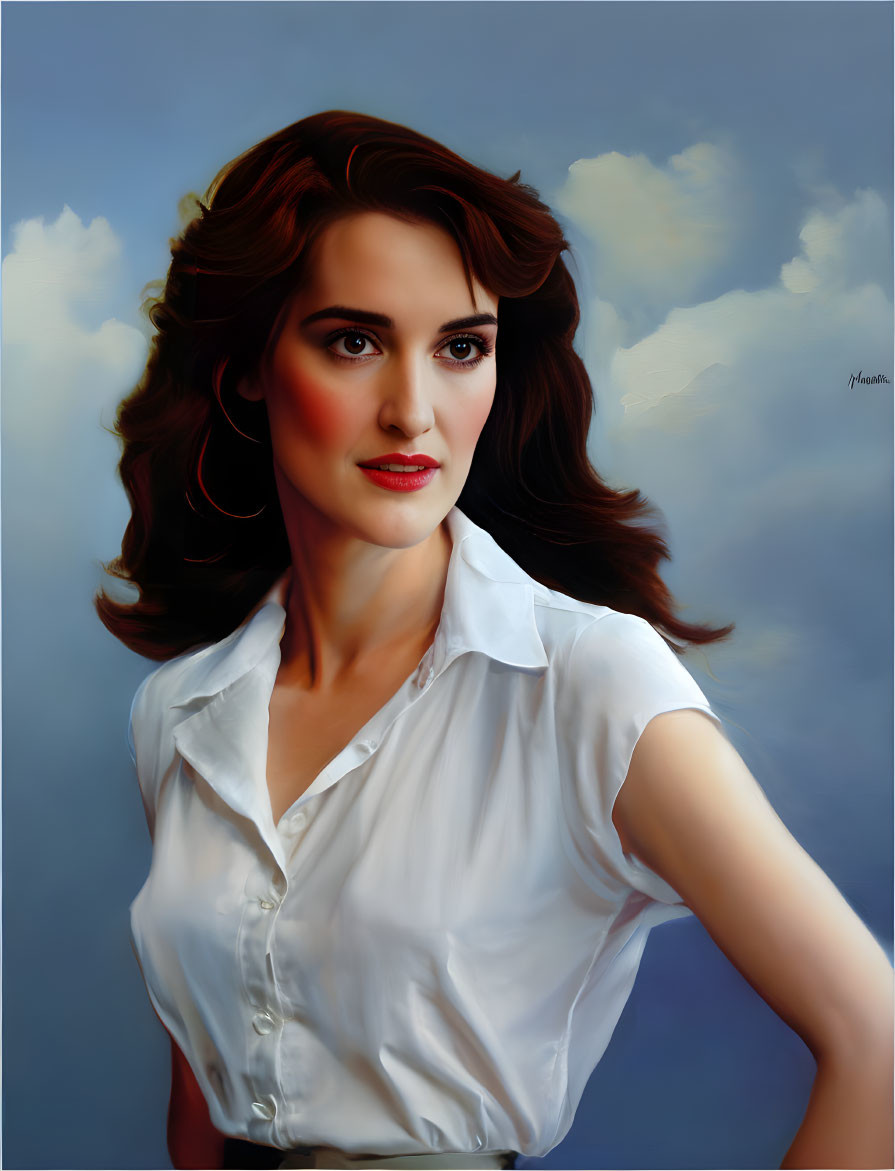 Dark-haired woman in white shirt gazes sideways on cloudy background