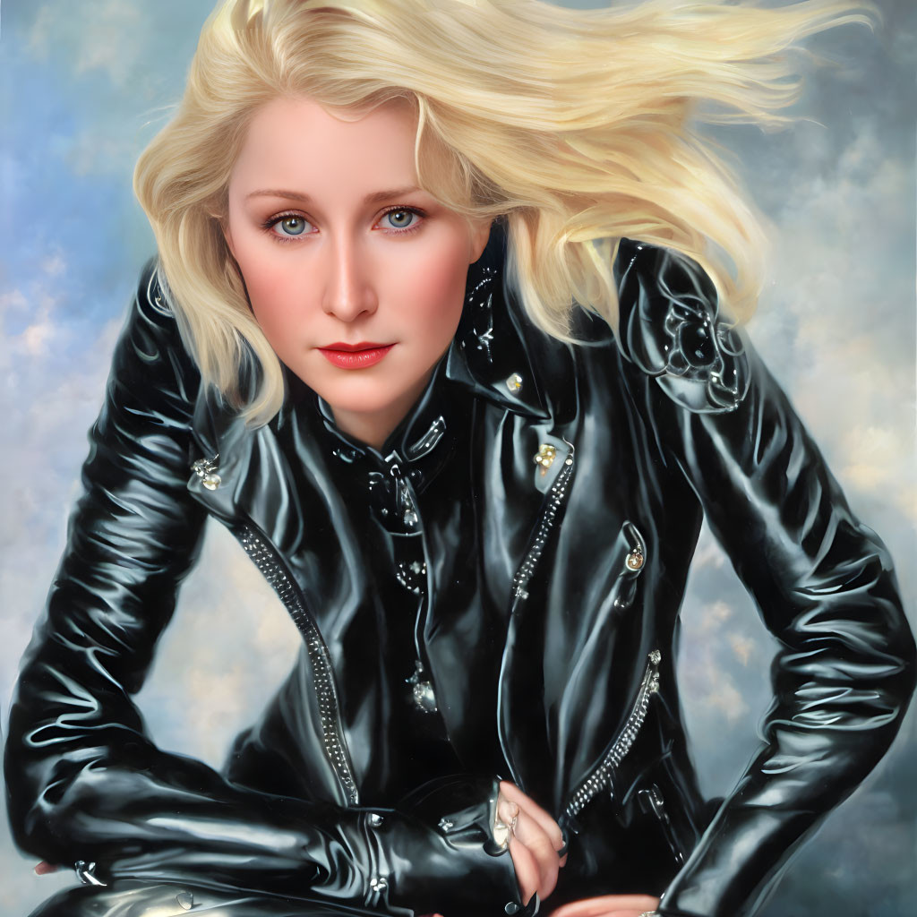 Digital portrait of woman with blonde hair and blue eyes in black leather jacket