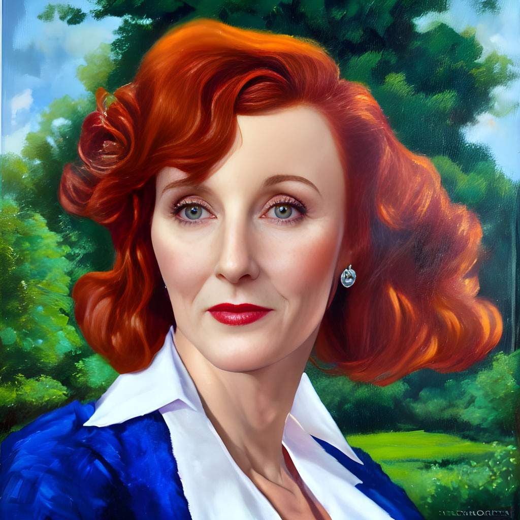 Portrait of Woman with Red Hair and Blue Eyes in Blue Garment, White Shirt, Green Foli