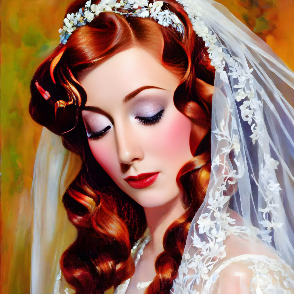 Illustration: Auburn-haired bride with floral headpiece and white veil