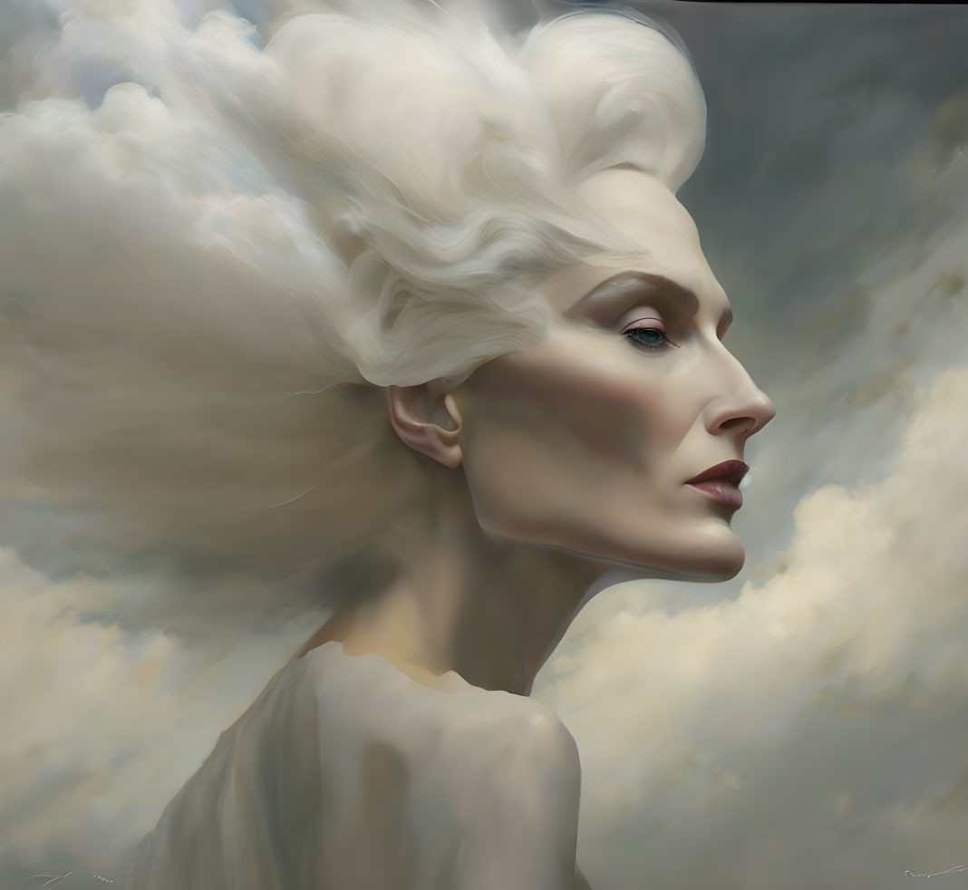 Digital artwork: Woman with flowing white hair in stormy sky.