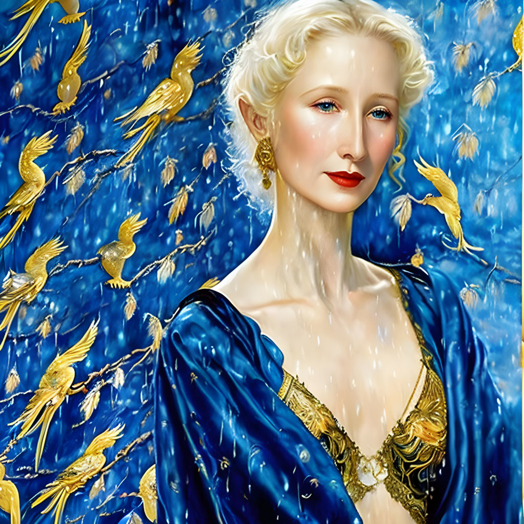 Regal woman in blue and gold gown with platinum blonde hair among golden fish