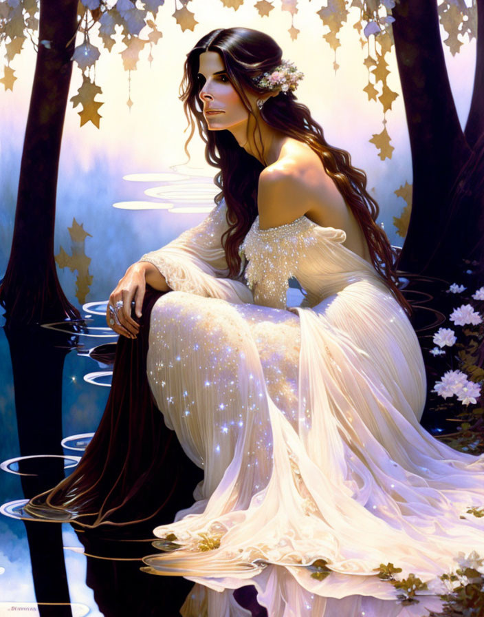 Long-haired woman in white gown pensive in blue forest setting