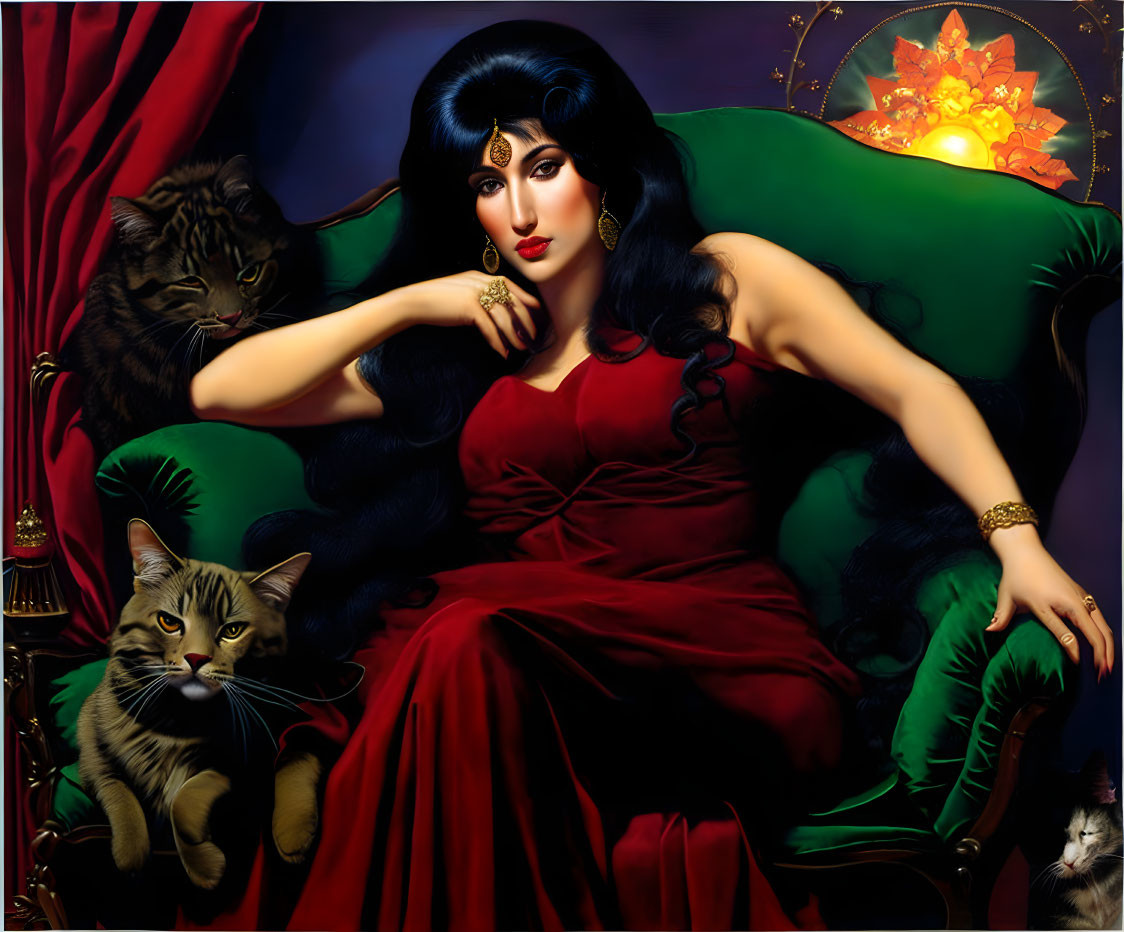 Dark-haired woman in red dress elegantly seated with three cats on green sofa