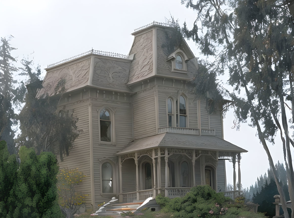 Victorian-style house in mist with intricate woodwork and trees