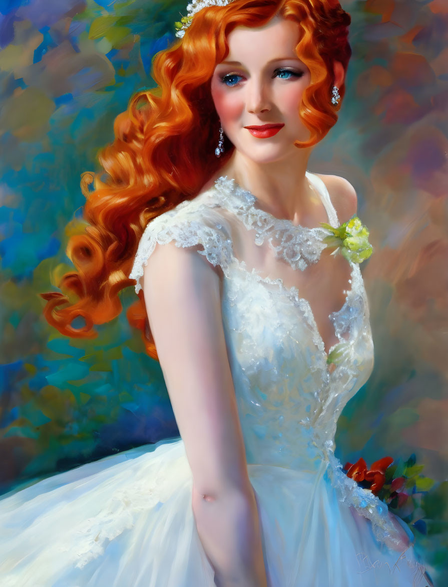 Curly Red-Haired Bride in White Lace Wedding Dress