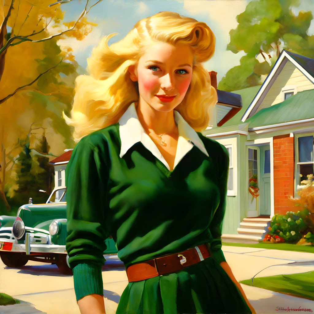 Smiling Woman in Vintage Painting with Classic Car & House