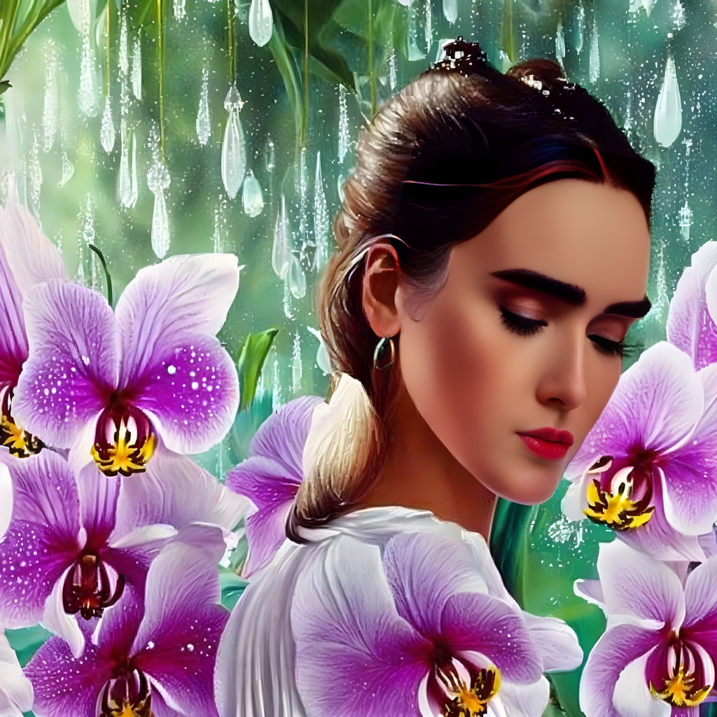 Woman with braided updo surrounded by purple orchids and dewdrops on glass pane