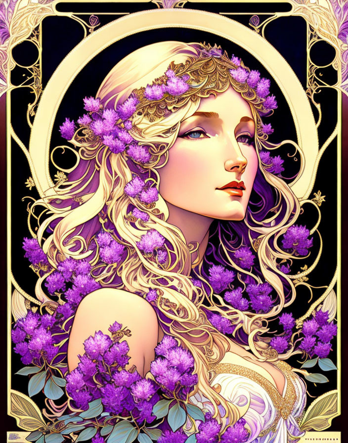 Illustrated portrait of woman with golden hair and purple flowers on Art Nouveau backdrop