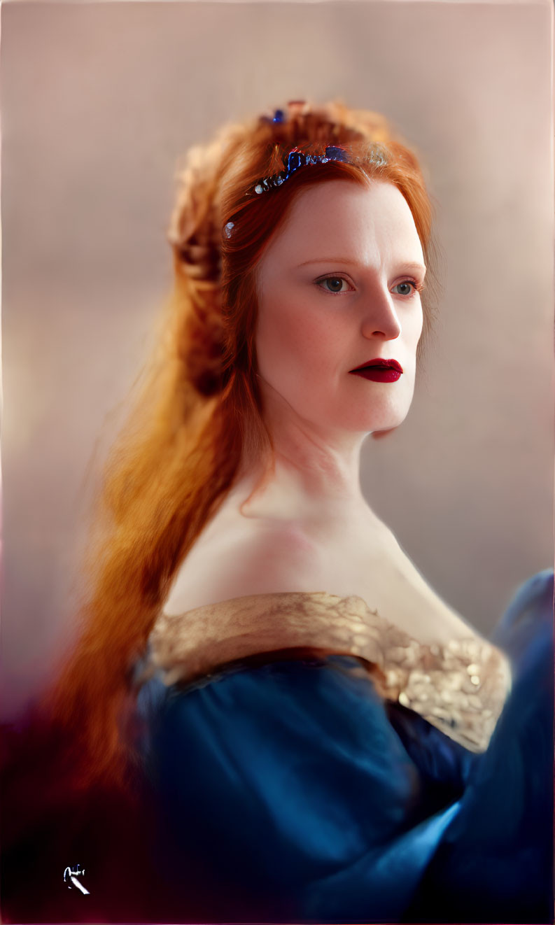 Red-haired woman in blue dress with golden embroidery and jewels, gazing sideways.