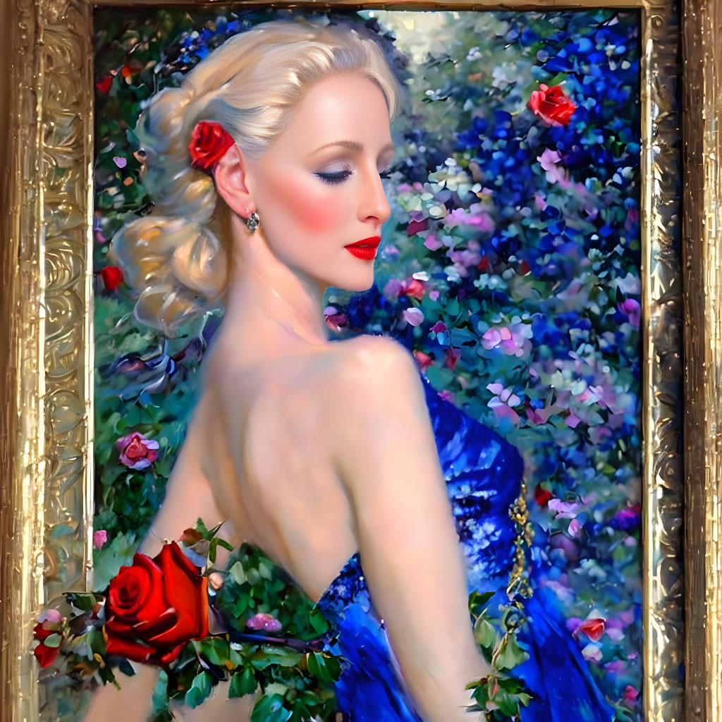 Blonde Woman in Blue Dress with Red Rose Among Lush Flowers