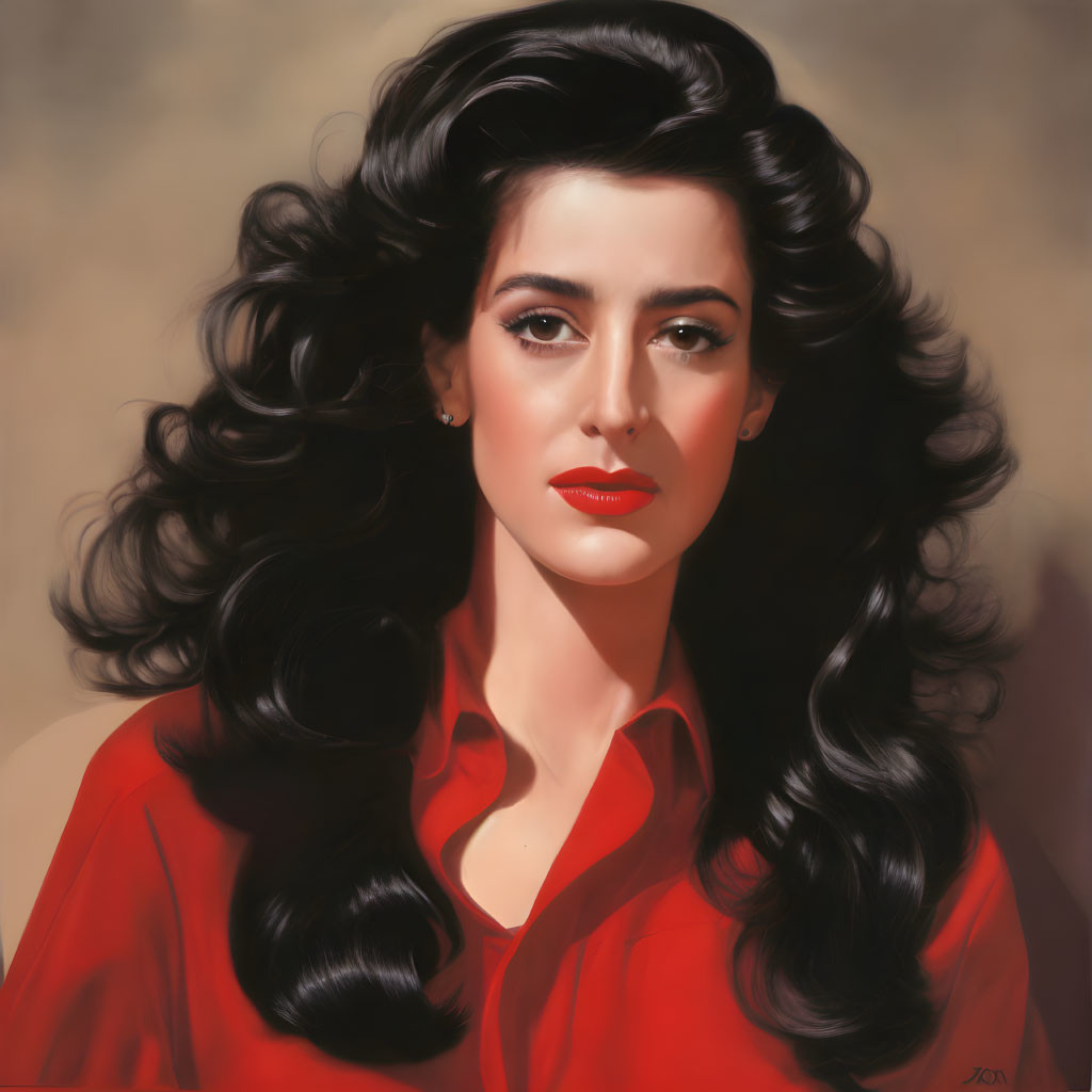 Portrait of woman with voluminous wavy black hair and red lipstick on beige background