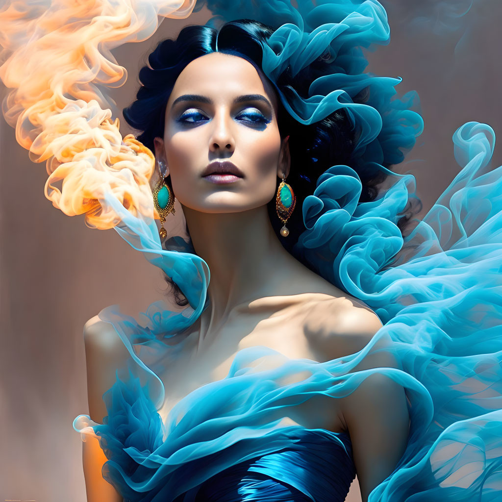 Woman with Smoky Blue and Fiery Effects Portrait