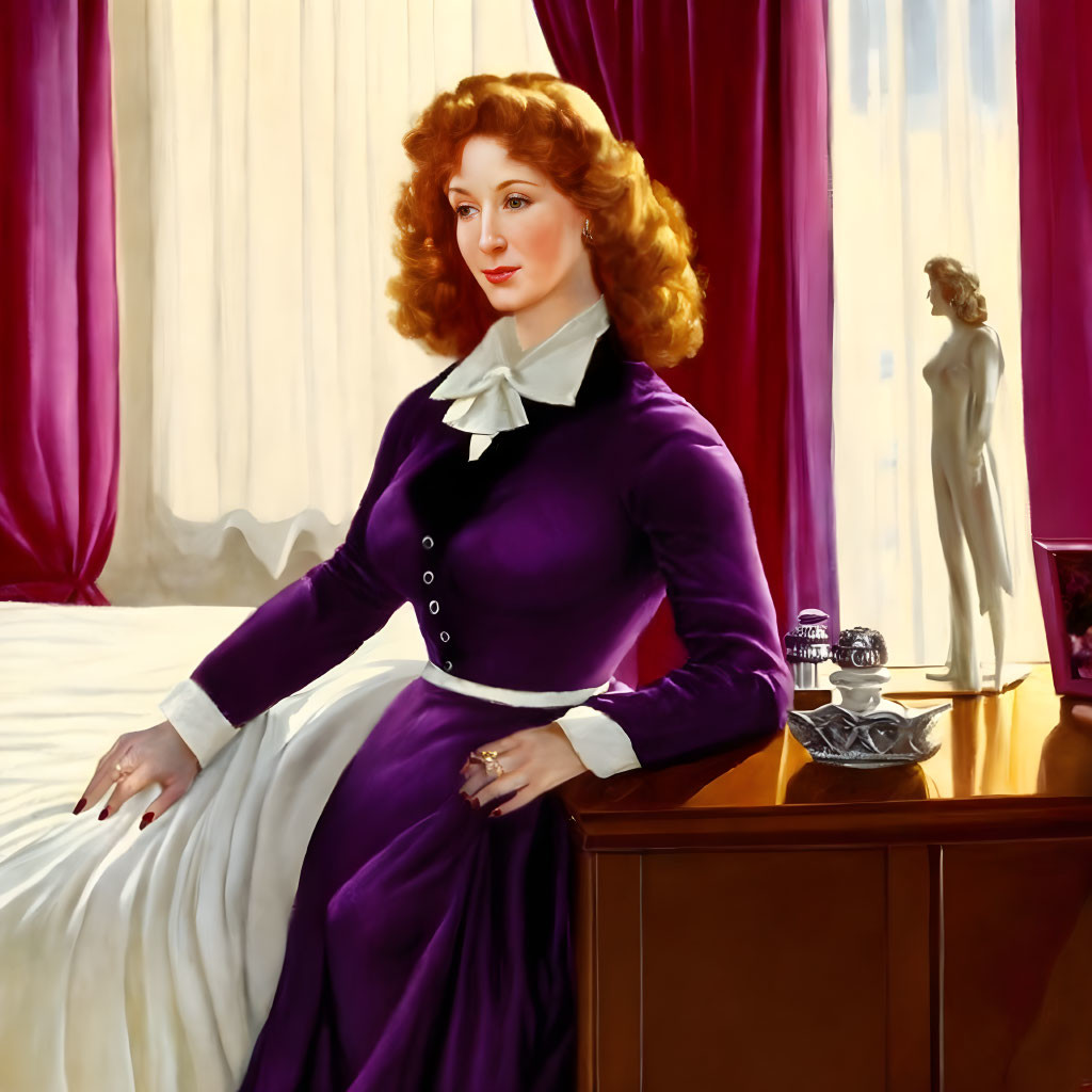 Red-haired woman in purple Victorian dress by bed with curtains and statue.