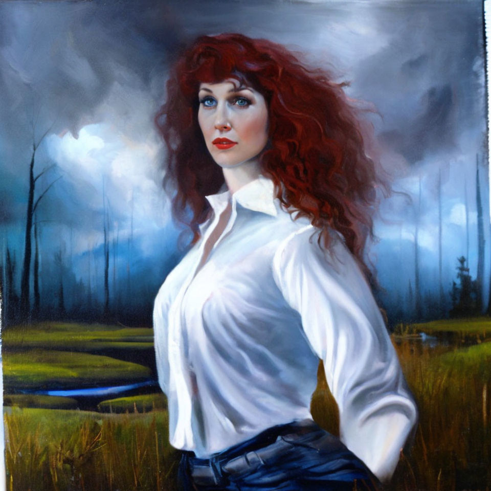 Red-haired woman in white shirt and blue jeans against moody landscape