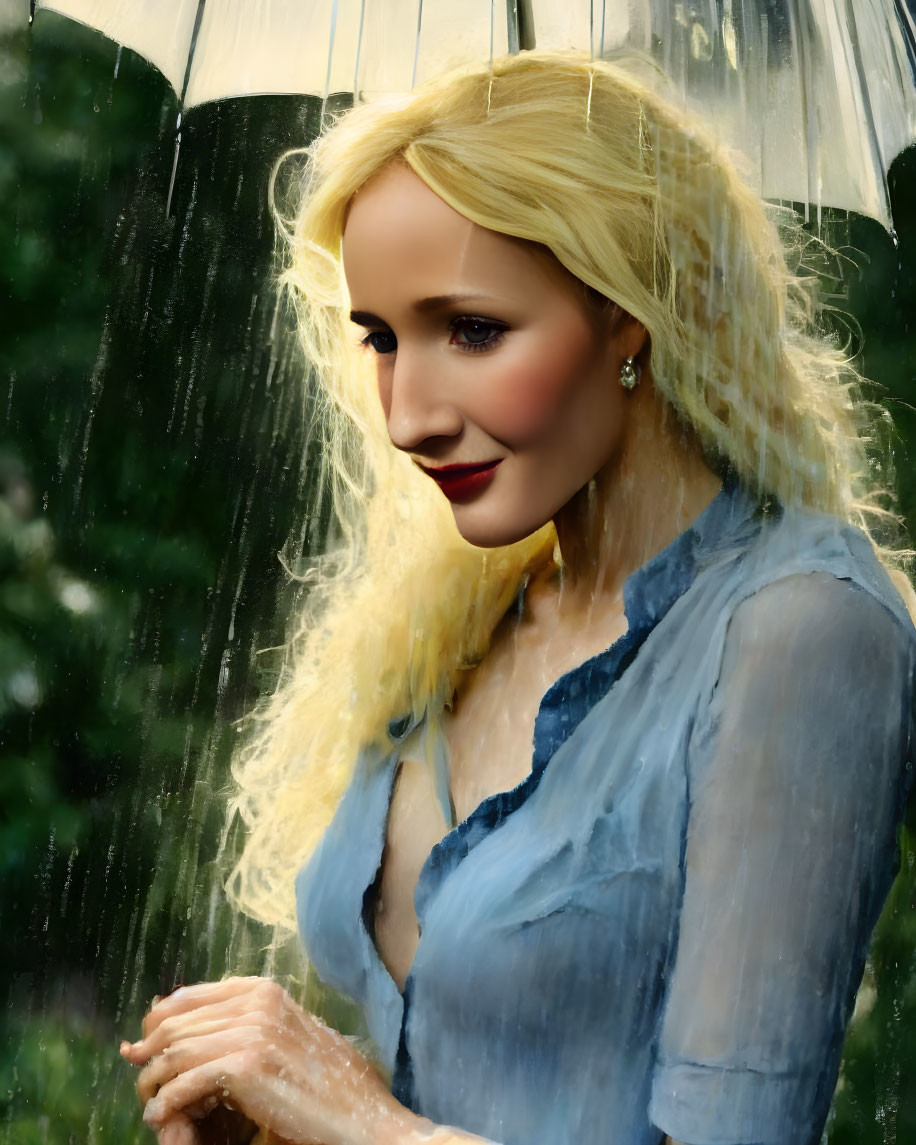 Blonde woman smiling under rain umbrella