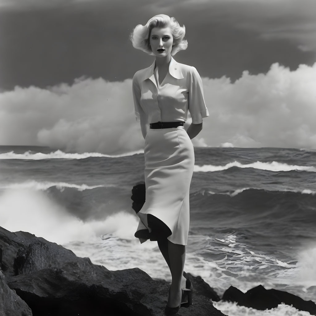 Monochrome photo of woman with vintage blonde hair by turbulent sea