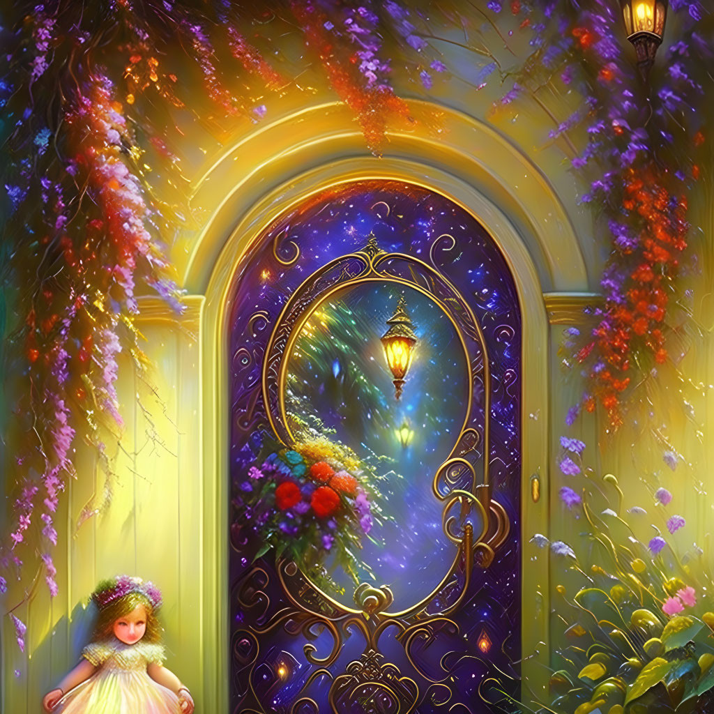 Illustration of glowing arched door with child figure in magical garden