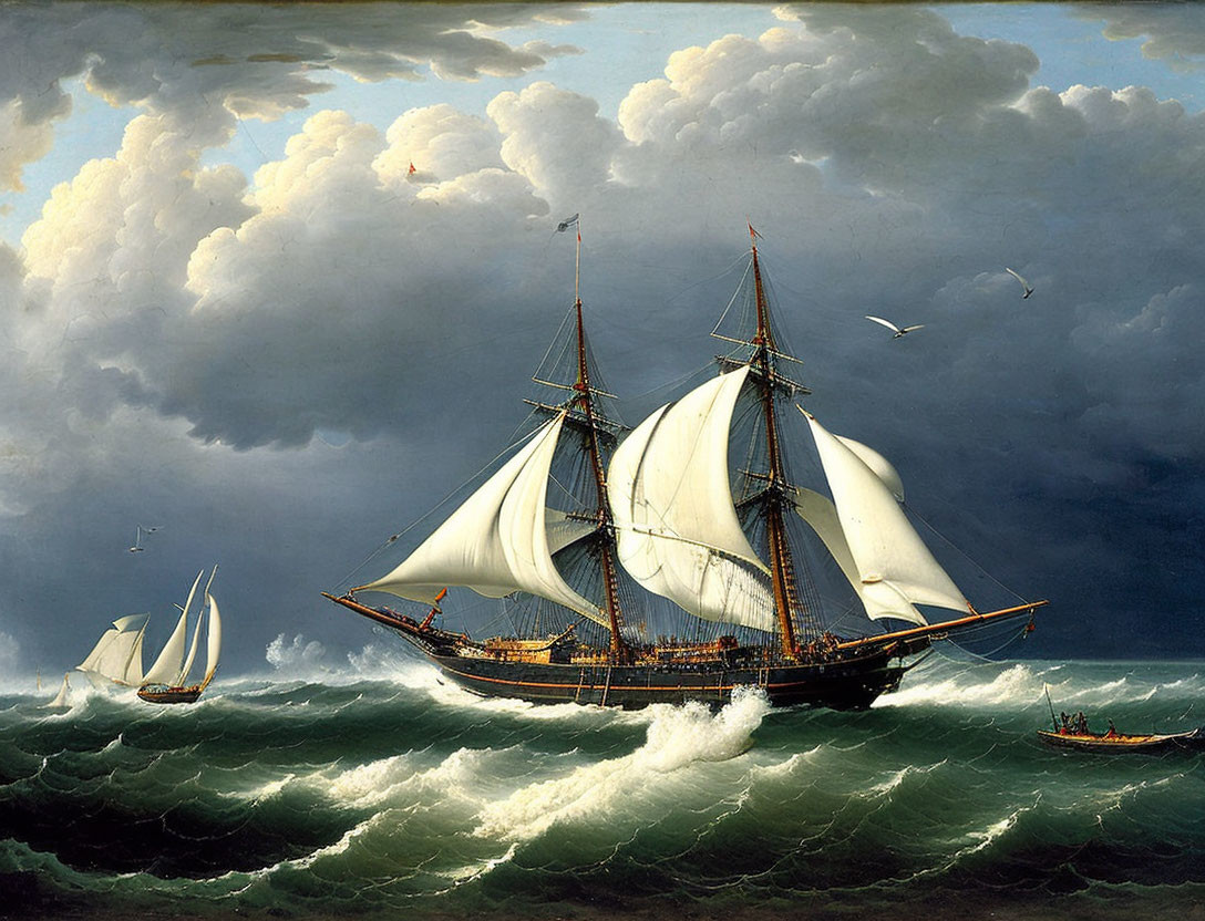 Maritime painting of sailing ship in stormy sea