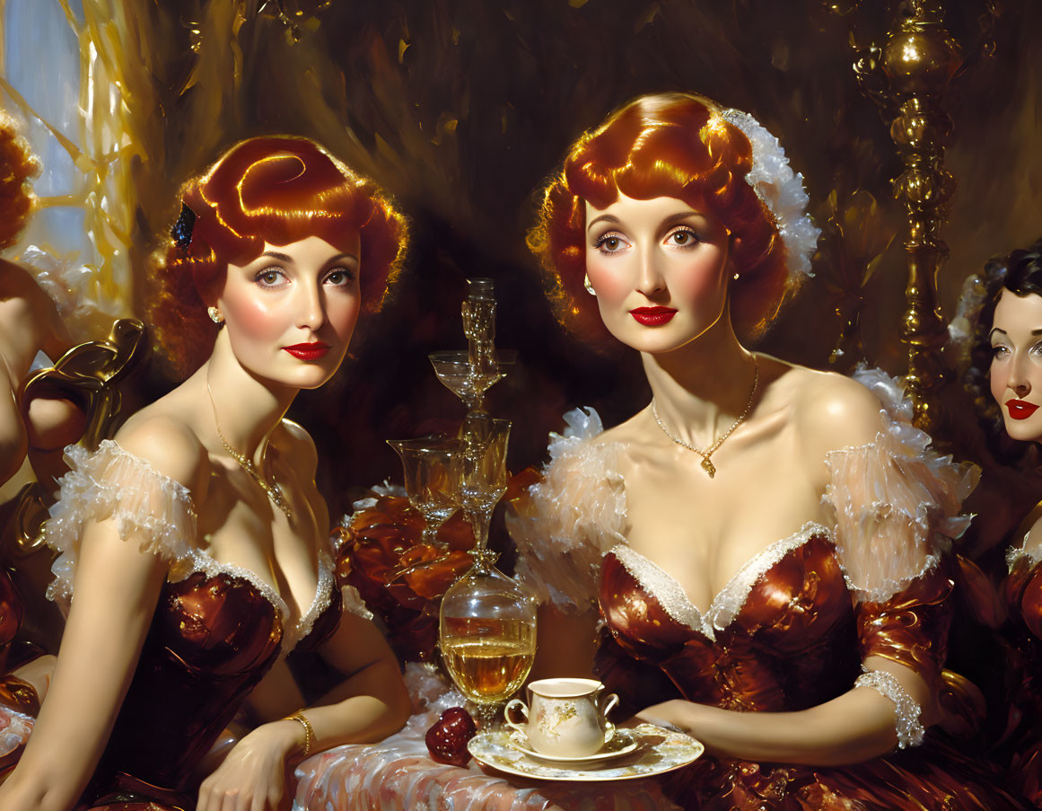 Vintage oil painting of two red-haired women in brown dresses at a table with tea cup and grapes,