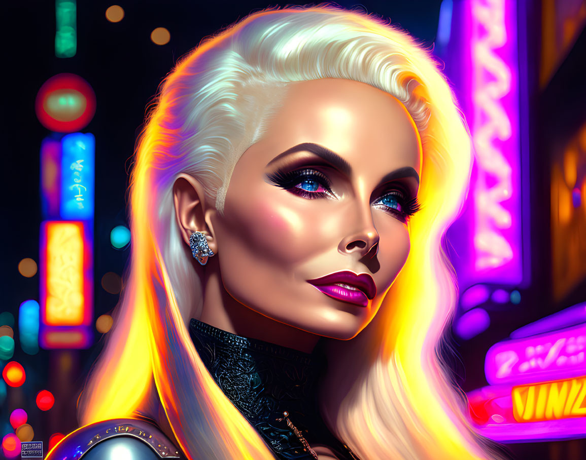 Platinum blonde woman with striking makeup in neon cityscape artwork