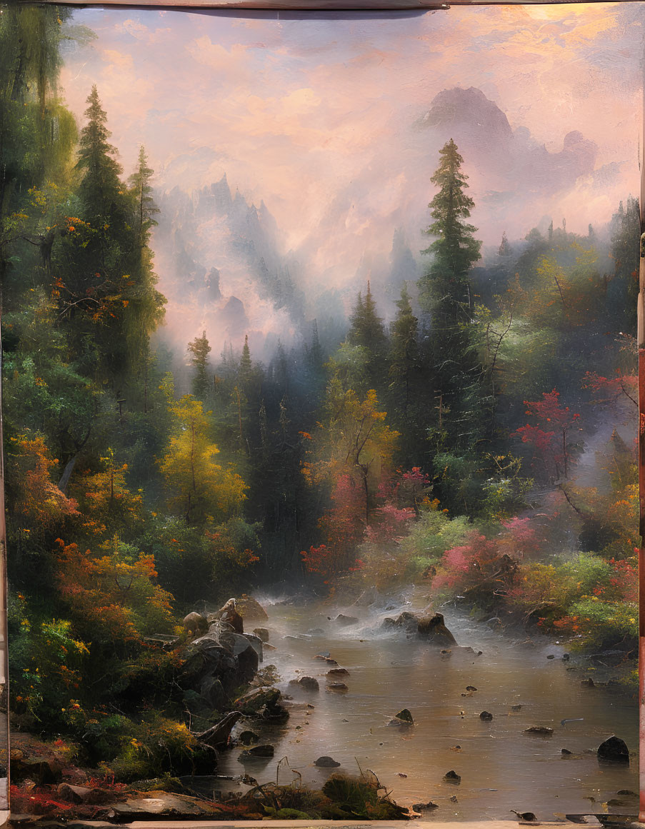 Tranquil river in forest with misty mountains