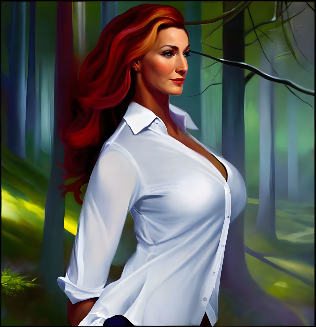 Red-haired woman in white shirt in sunlit forest digital painting