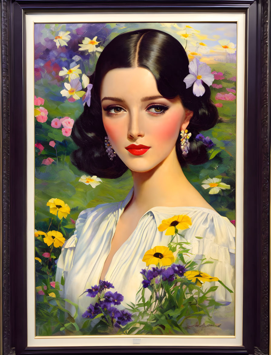 Portrait of Woman with Dark Hair and Porcelain Skin Surrounded by Colorful Flowers