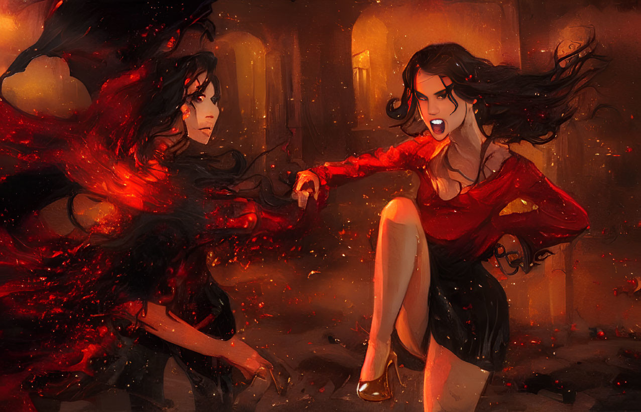 Dark-haired animated female figures in red attire against fiery backdrop.