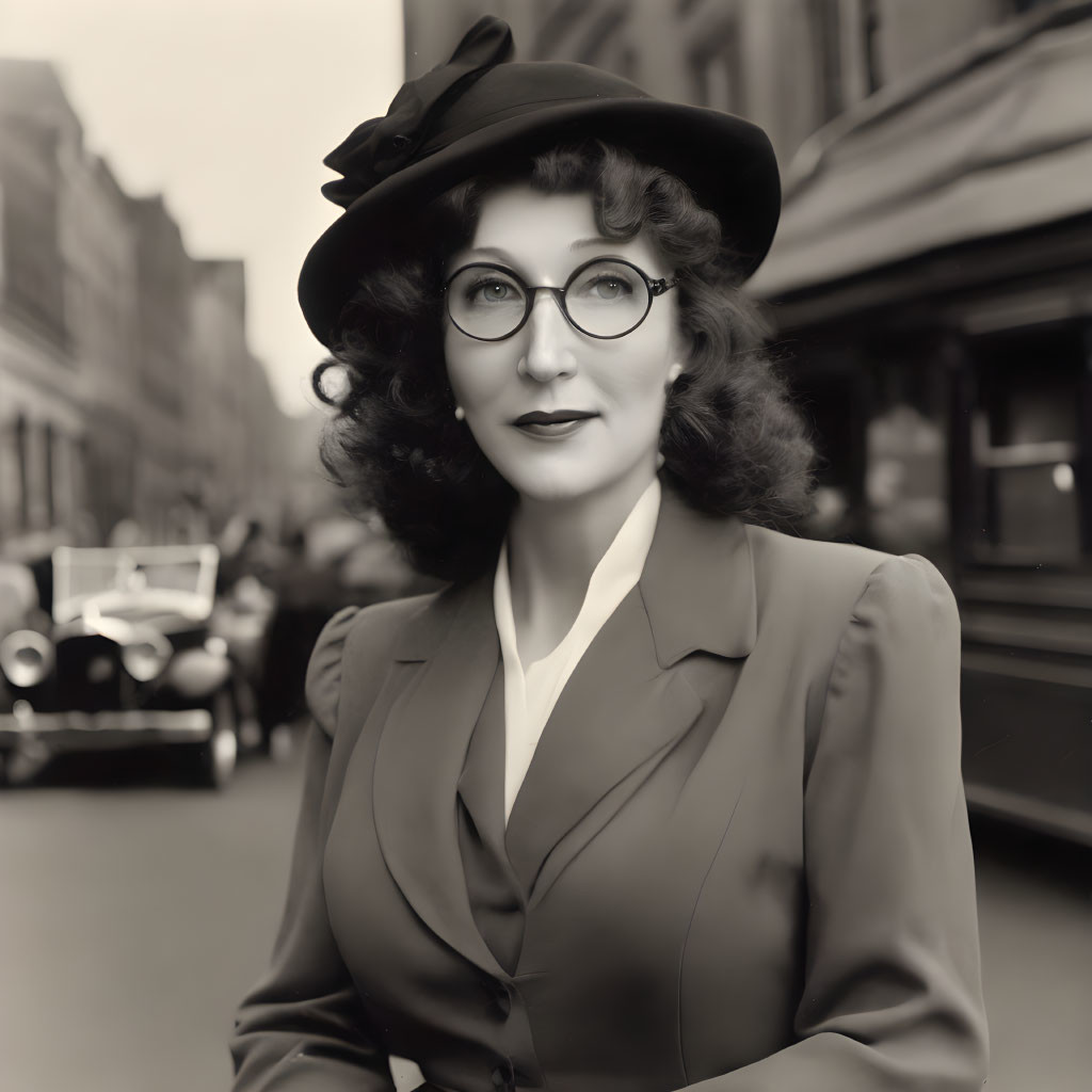 Vintage black and white photo: Woman in hat, glasses, suit on city street.