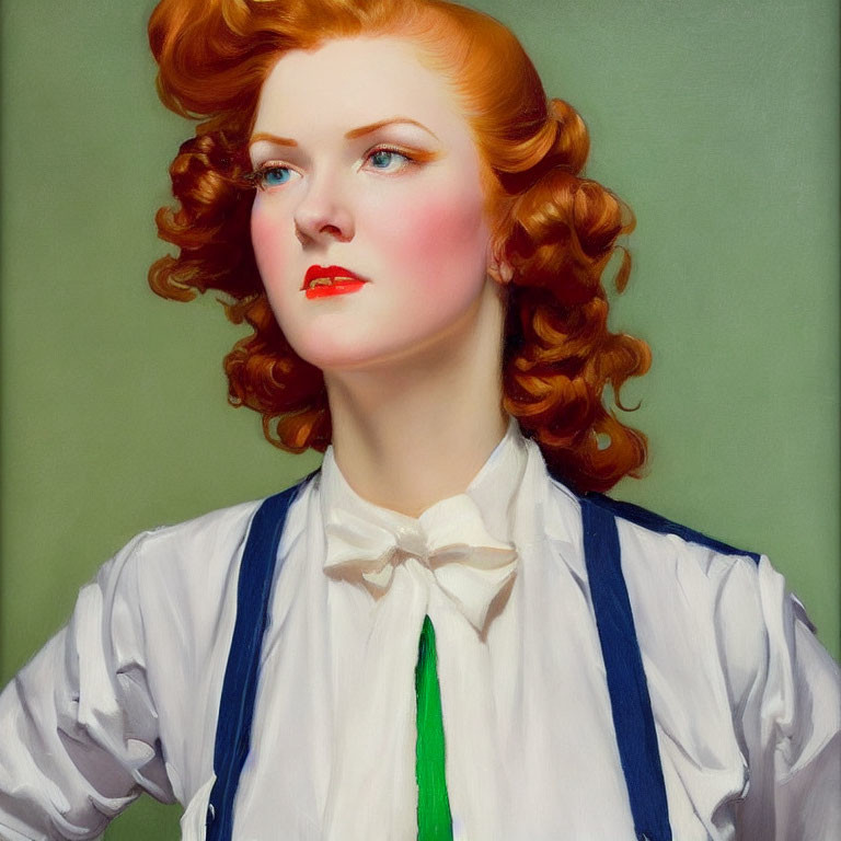 Red-haired woman in white shirt and bow tie on green background