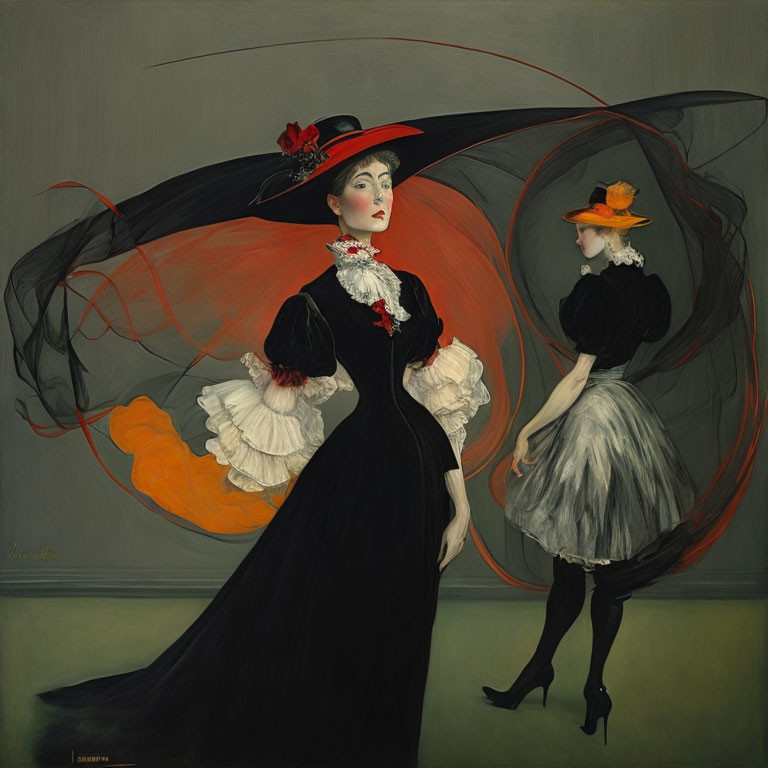 Vintage Attired Women in Dramatic Painting with Swirling Lines