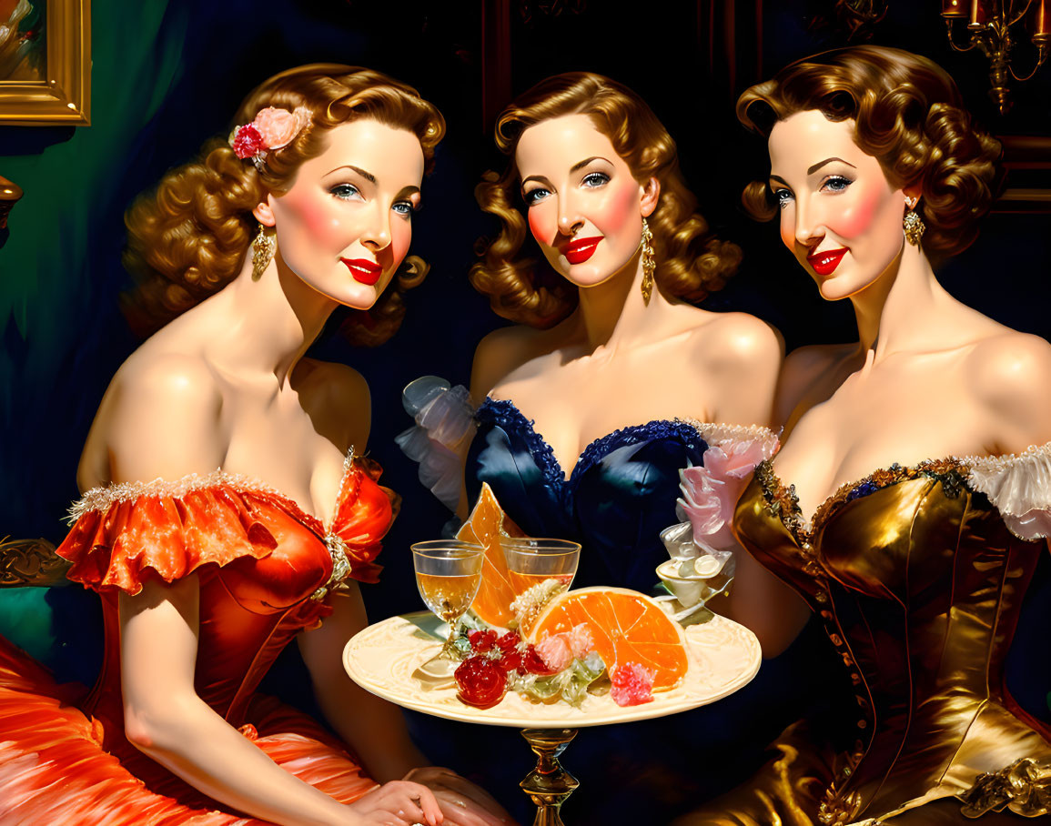 Vintage Era Women Holding Champagne Glasses Near Table with Fruit in Stylish Illustration