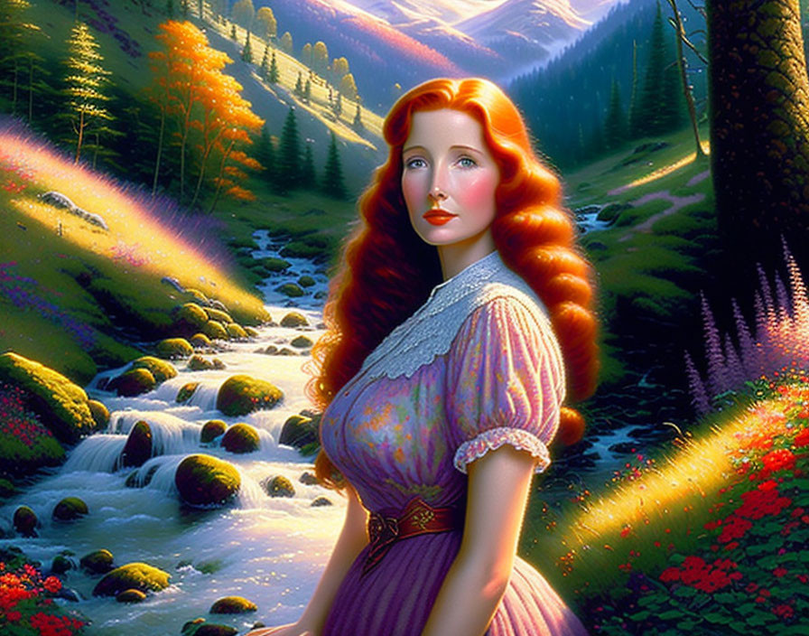 Red-haired woman in forest illustration with stream and pine trees