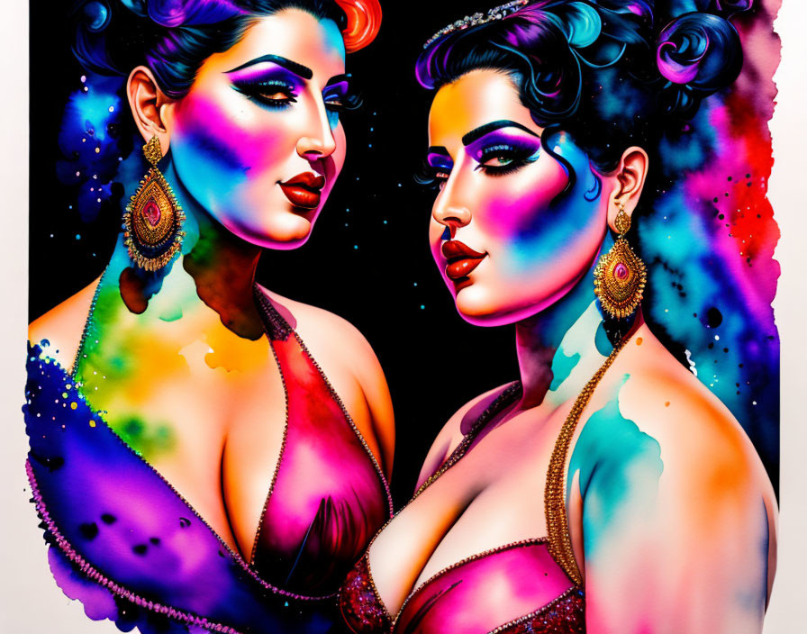 Colorful Pop Art Style Illustration of Two Women with Cosmic Background