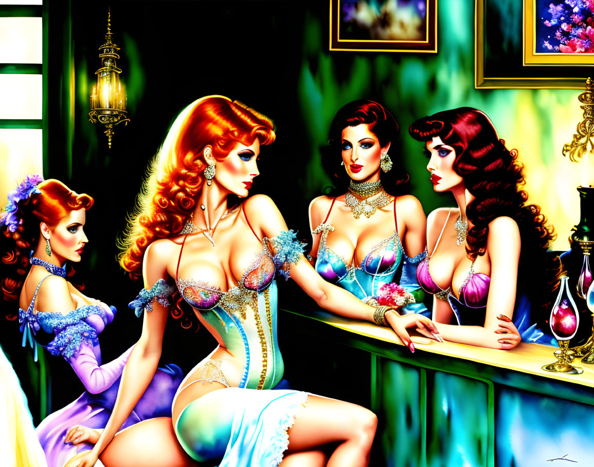 Four stylized women in glamorous lingerie in a vintage bar setting