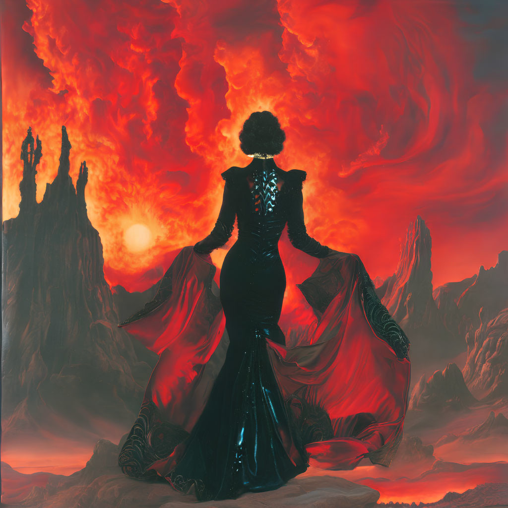 Elegant person in black dress against fiery landscape and red clouds