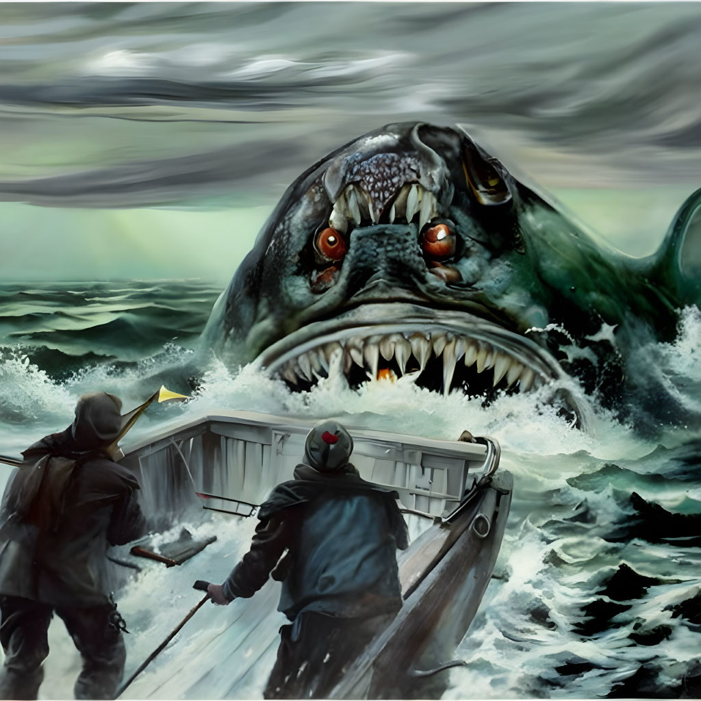 Two individuals in a boat encounter a menacing shark in stormy seas.