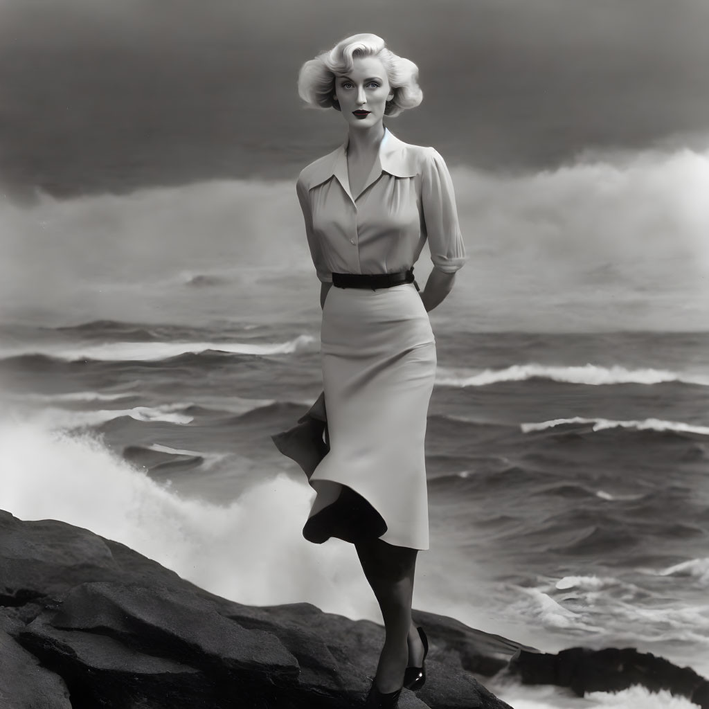 Monochrome image: Woman in vintage dress on rocky shore