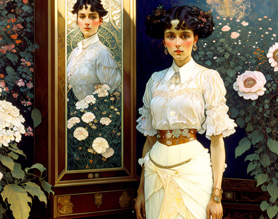 Victorian woman in white dress with floral patterns and mirror reflection