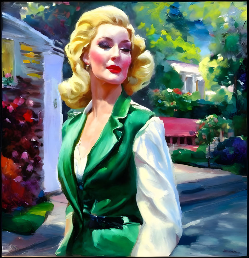 Blonde Woman in Green Dress 1950s Style Painting