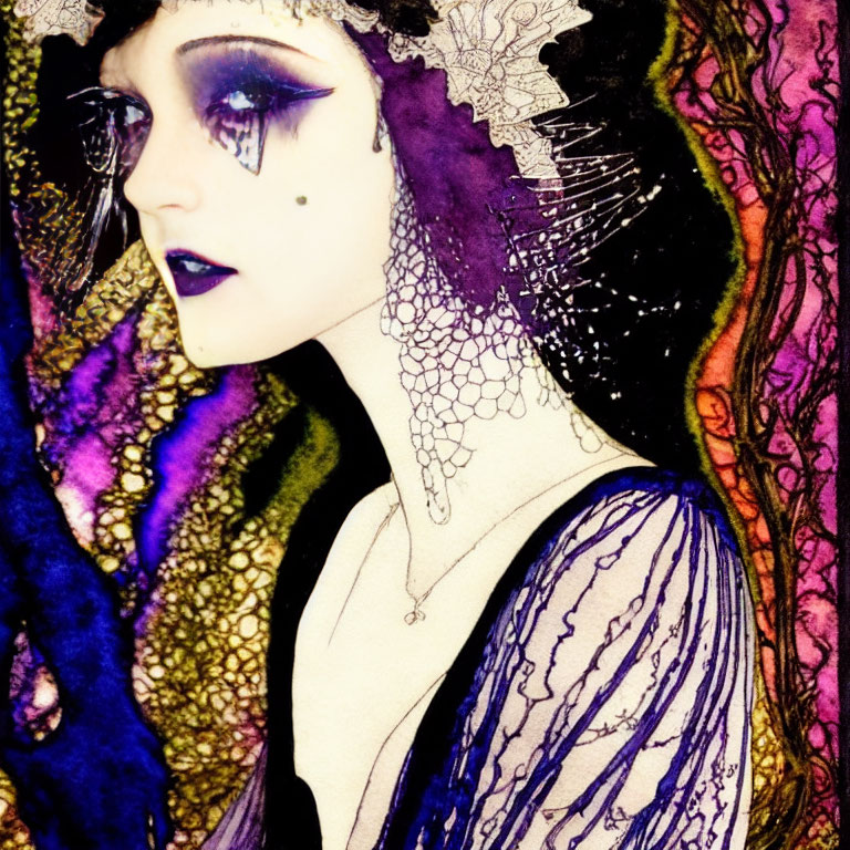 Illustrated portrait of person in purple eyeshadow and headpiece against colorful background