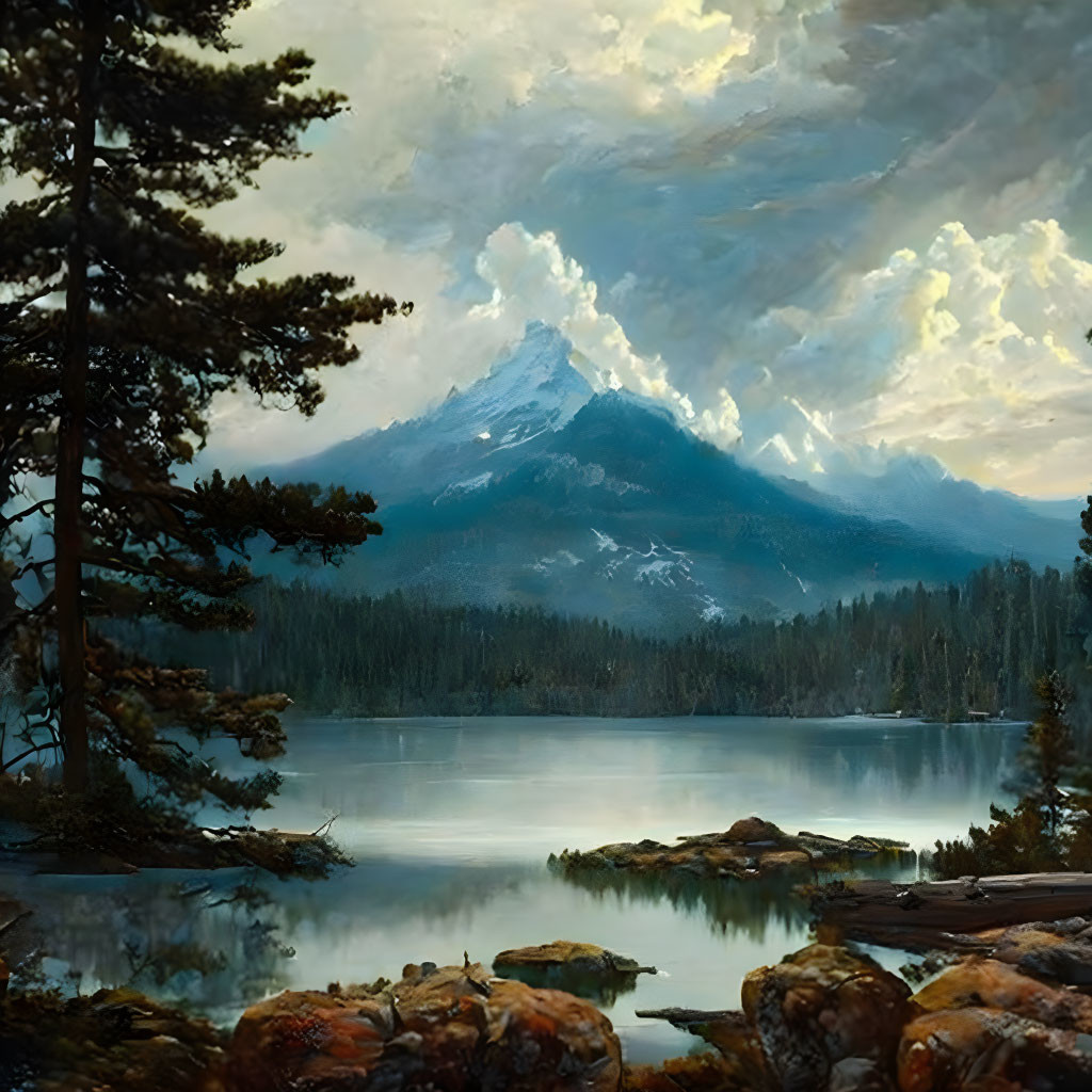 Snowy mountain landscape with forest, lake, and clouds