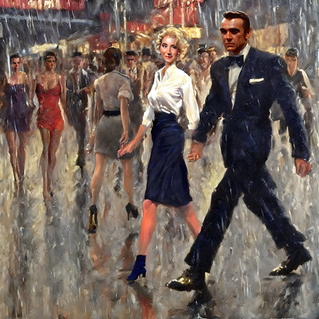 Stylish man in blue suit and woman in white blouse navigating impressionistic crowd.