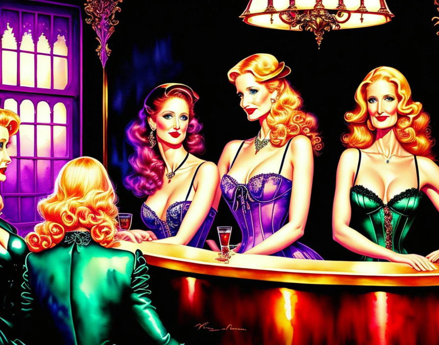 Four women in glamorous attire around a bar with vivid colors and chandelier.